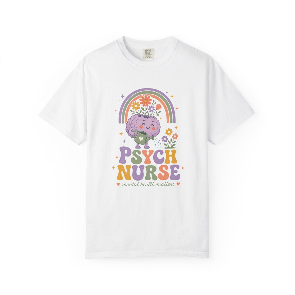 White Psych Nurse Mental Health Matters tee, accurate front mockup on white