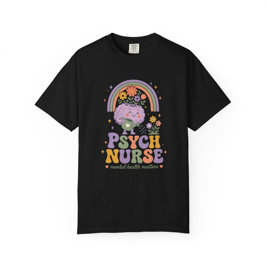 Black Psych Nurse Mental Health Matters tee, accurate front mockup on white