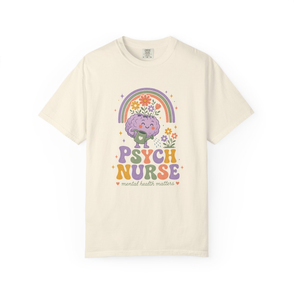 Ivory Psych Nurse Mental Health Matters tee, accurate front mockup on white