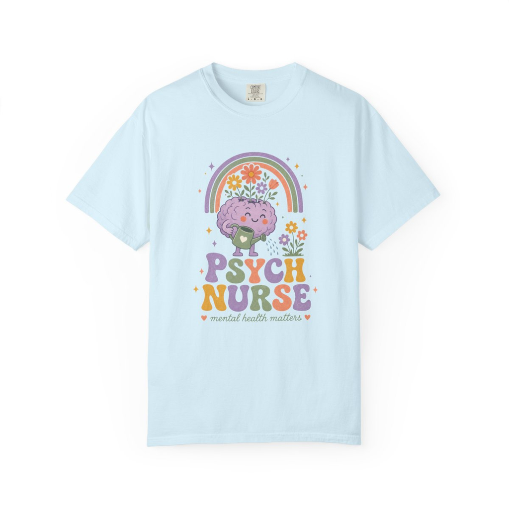 Chambray Psych Nurse Mental Health Matters tee, accurate front mockup on white