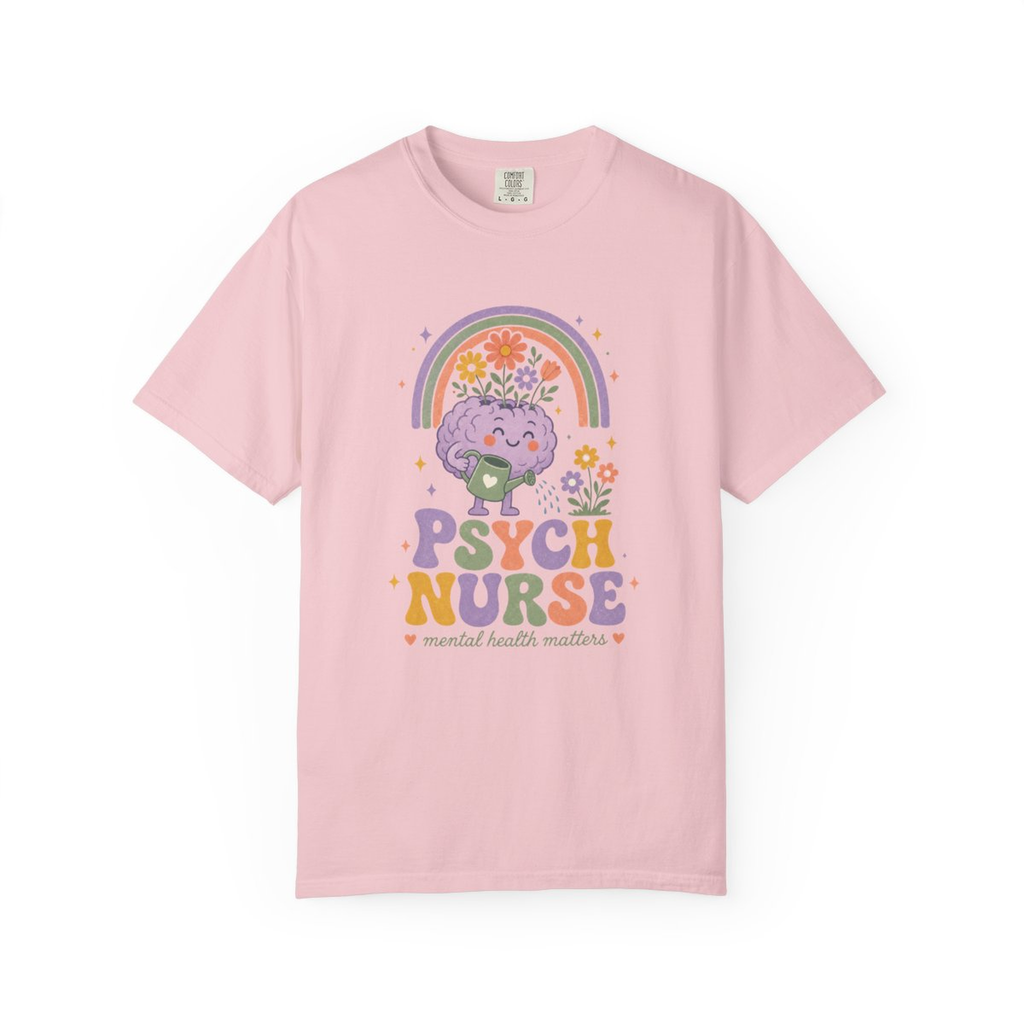 Blossom Psych Nurse Mental Health Matters tee, accurate front mockup on white