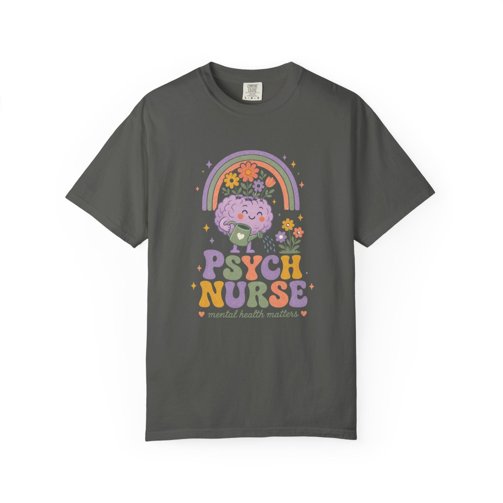 Pepper Psych Nurse Mental Health Matters tee, accurate front mockup on white