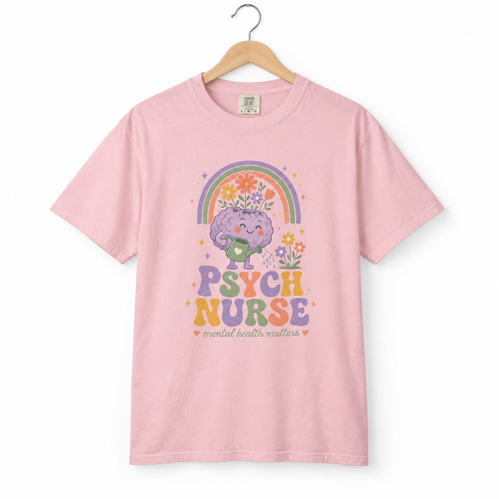 Blossom Psych Nurse Mental Health Matters tee on a hanger against white