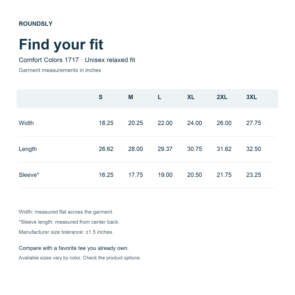 Comfort Colors 1717 size guide, S to 3XL, garment measurements in inches