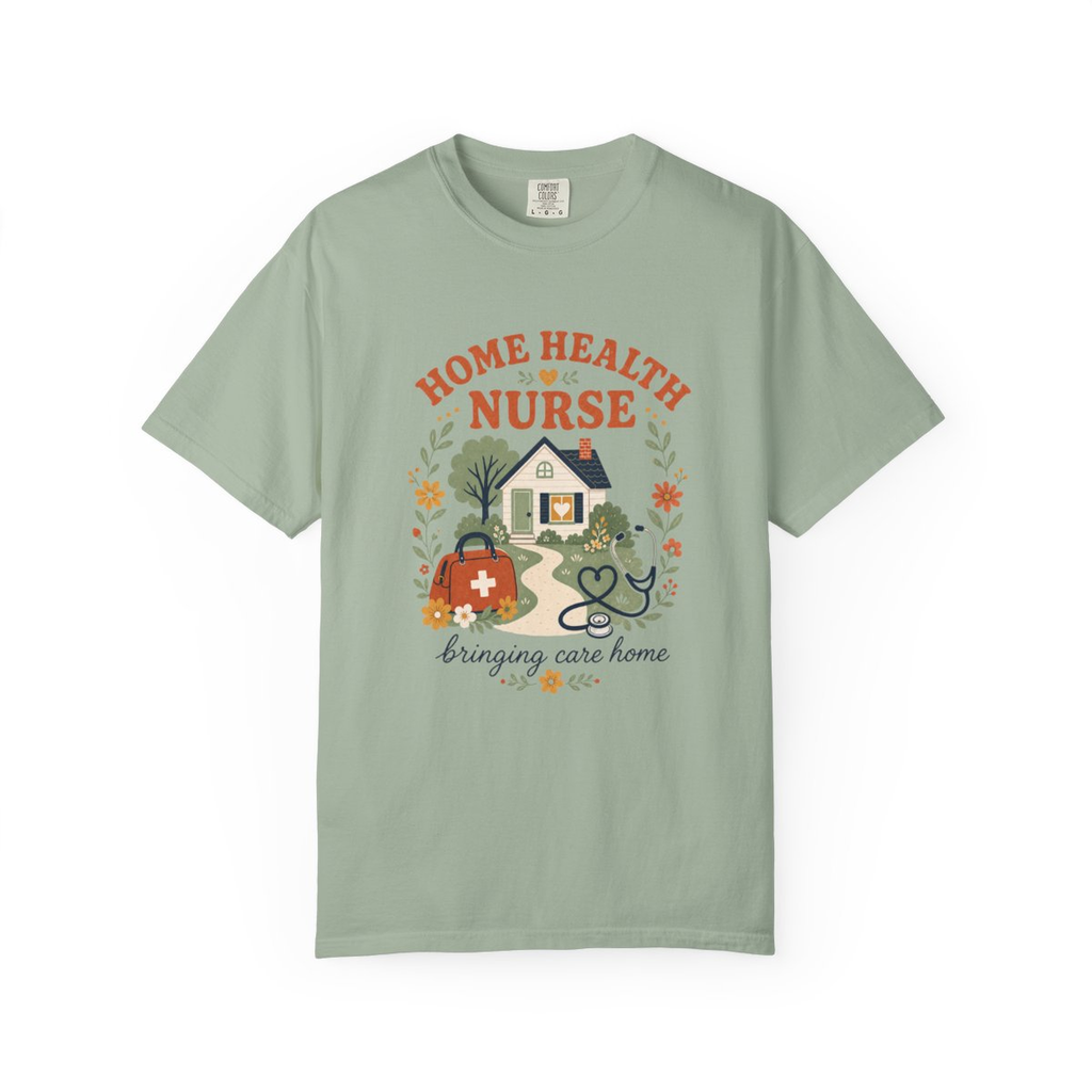 Bay Home Health Nurse Bringing Care Home tee, accurate front mockup on white