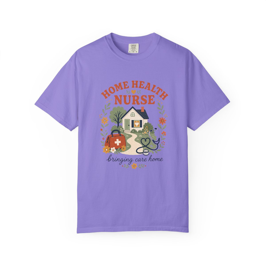 Violet Home Health Nurse Bringing Care Home tee, accurate front mockup on white