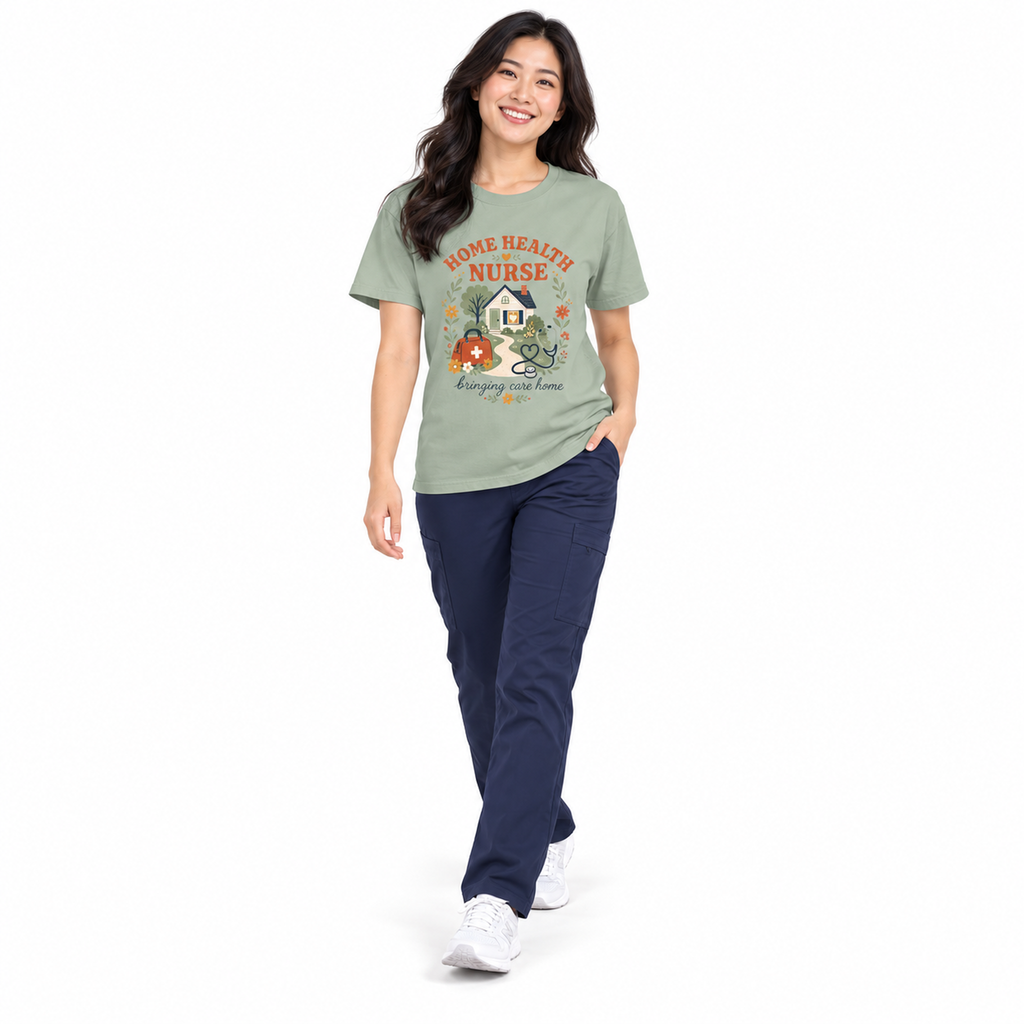 Healthcare professional walking in a Bay Home Health Nurse tee with scrub pants on white
