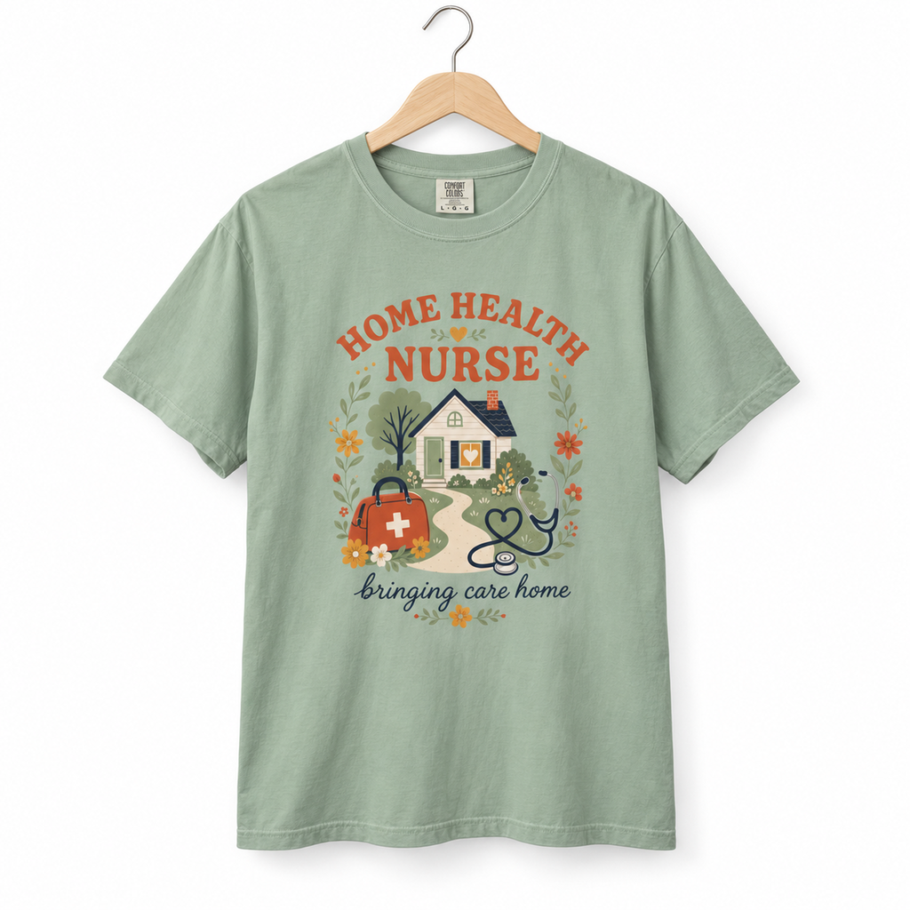 Bay Home Health Nurse Bringing Care Home tee on a hanger against white