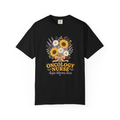 Black Oncology Nurse Hope Blooms Here tee, accurate front mockup on white