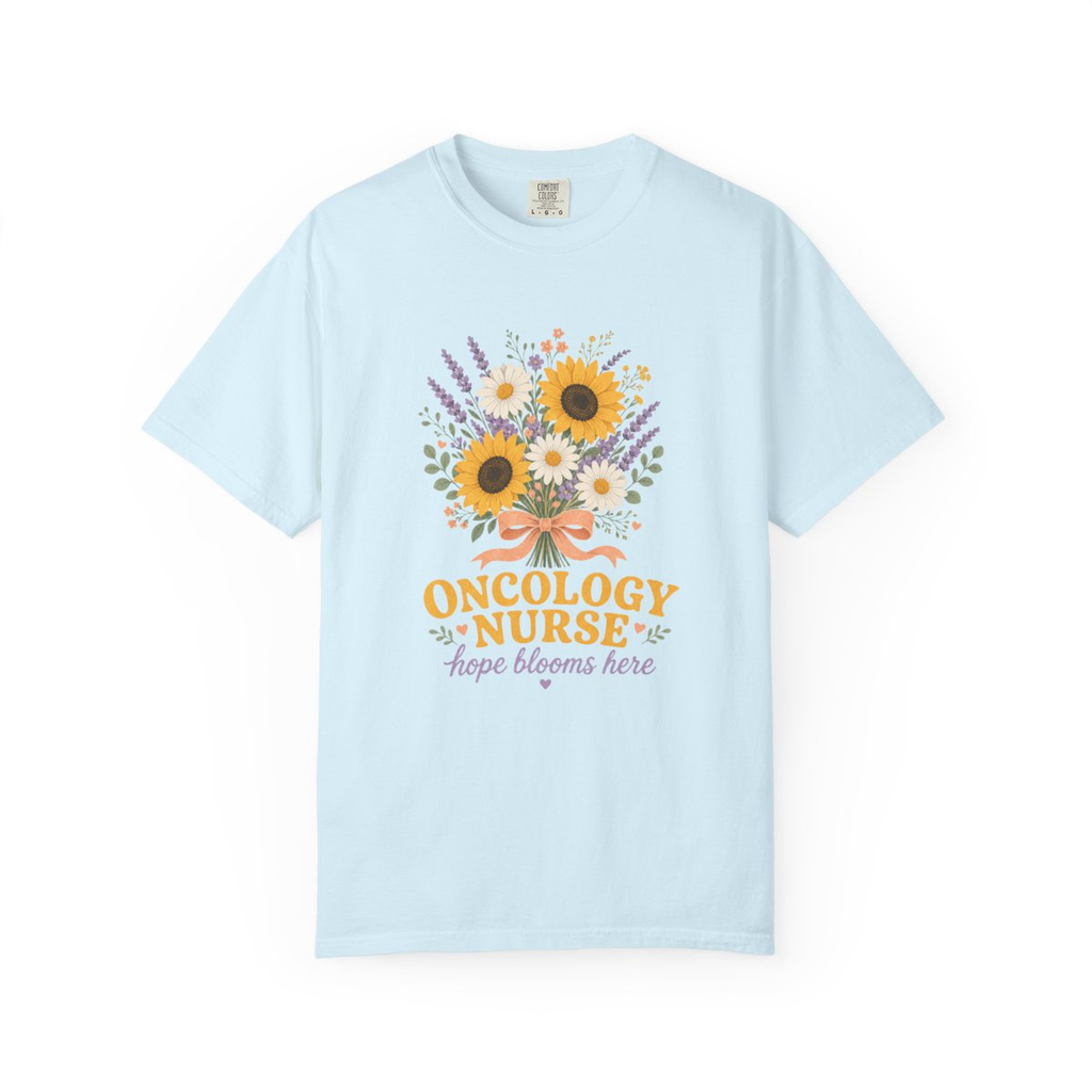Chambray Oncology Nurse Hope Blooms Here tee, accurate front mockup on white