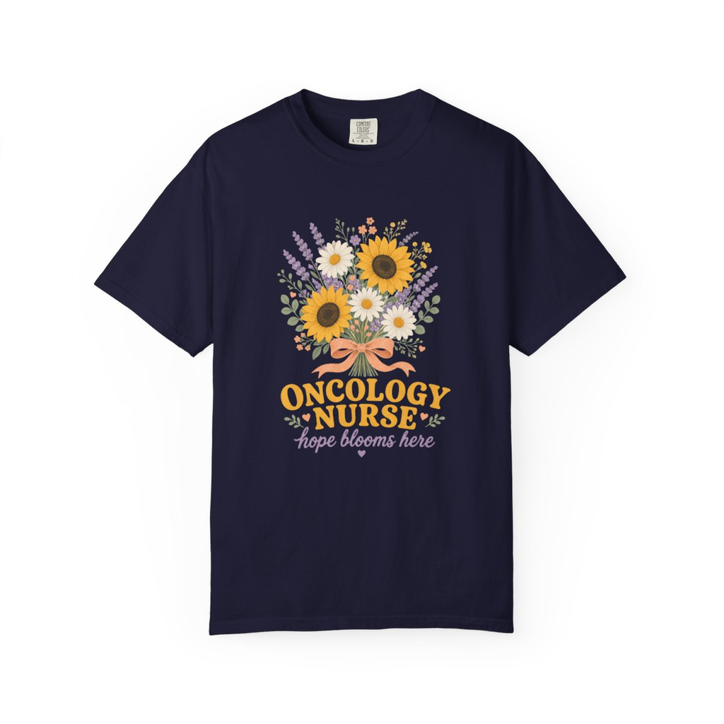 True Navy Oncology Nurse Hope Blooms Here tee, accurate front mockup on white
