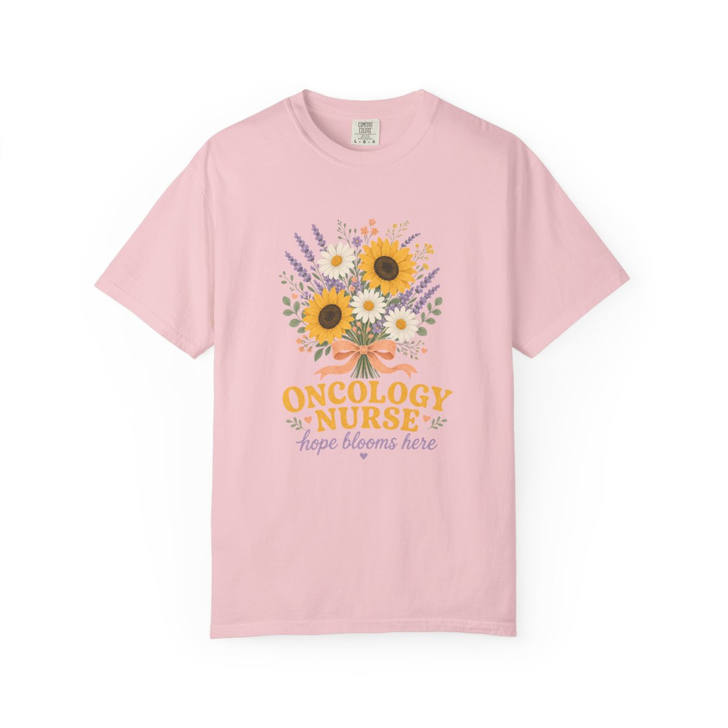 Blossom Oncology Nurse Hope Blooms Here tee, accurate front mockup on white