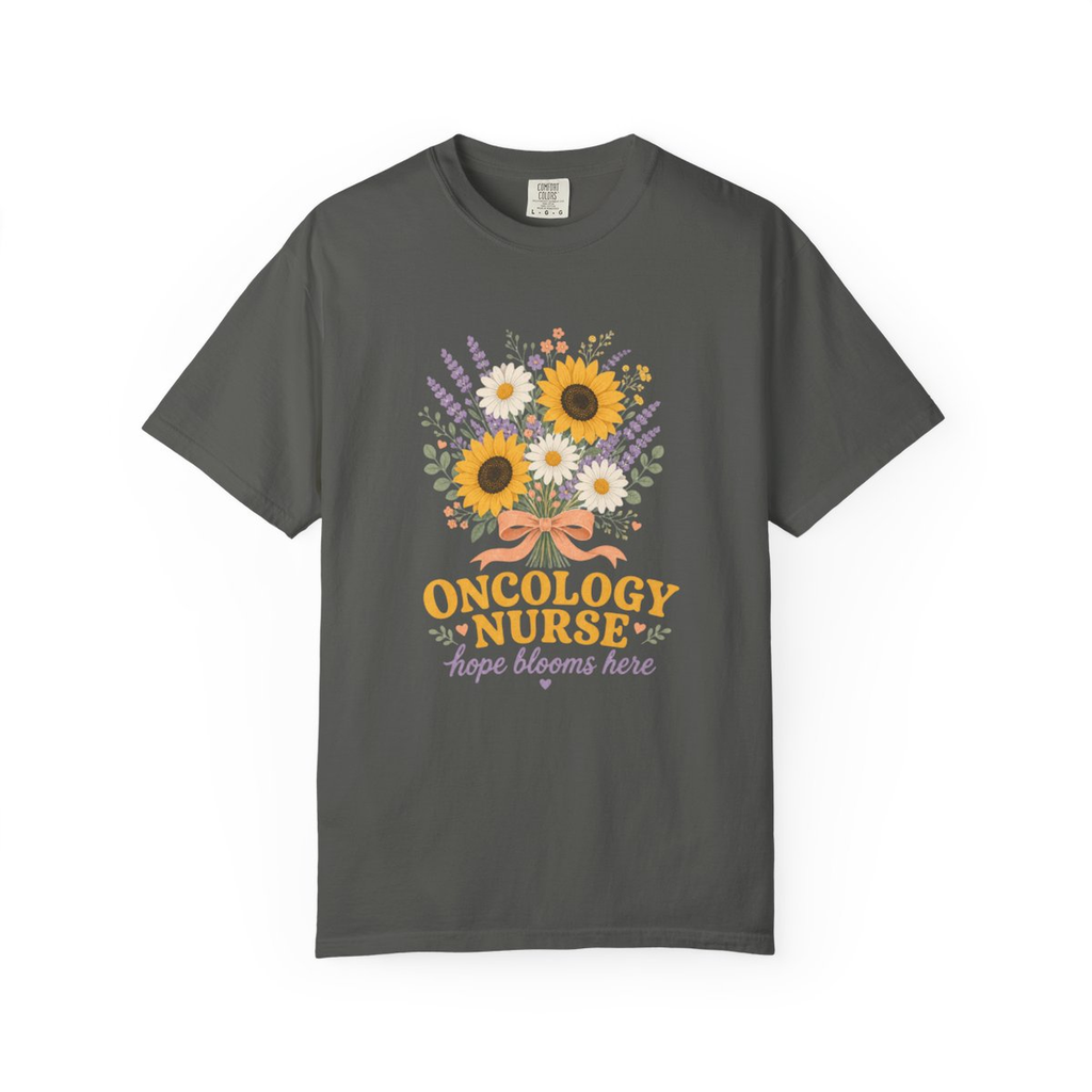 Pepper Oncology Nurse Hope Blooms Here tee, accurate front mockup on white
