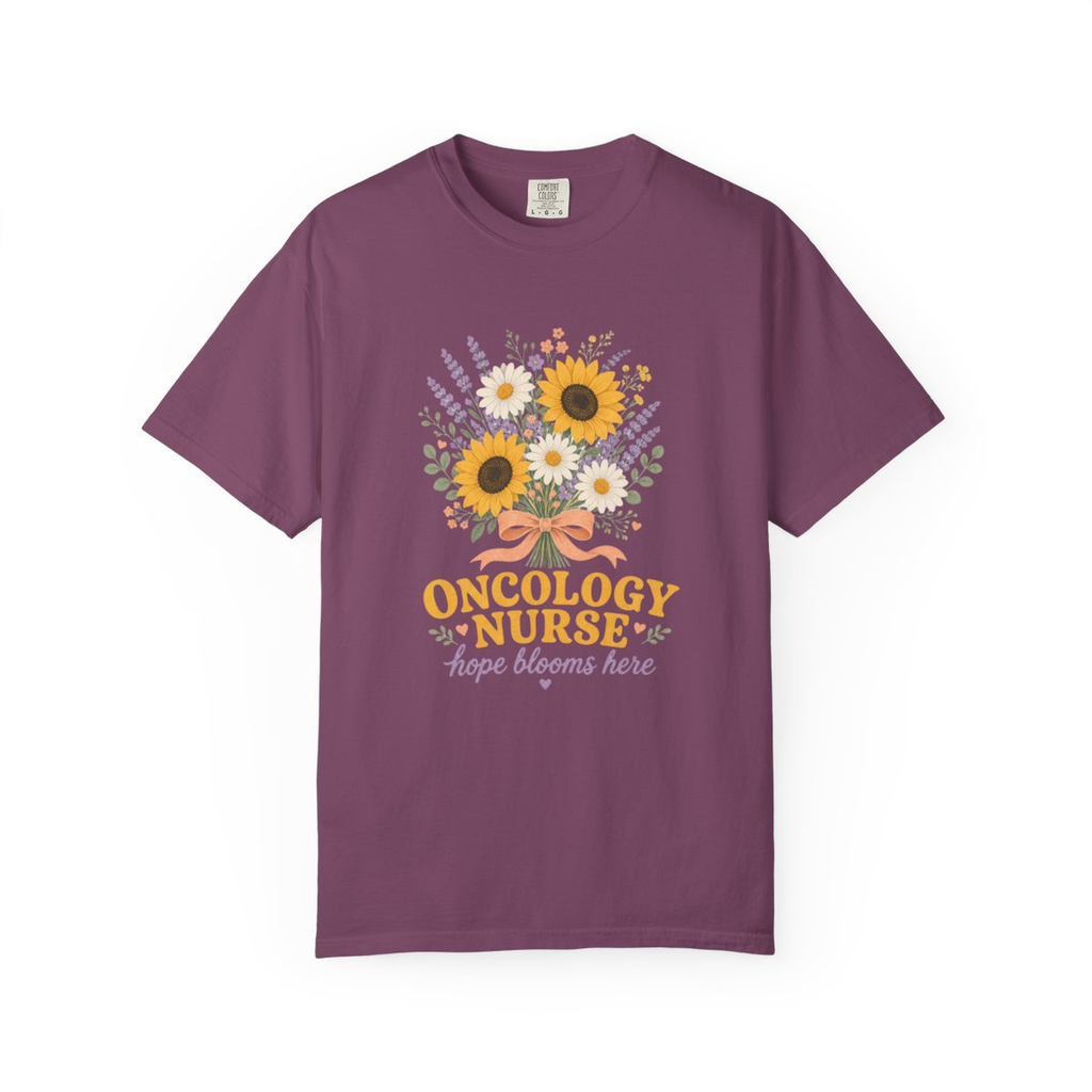 Berry Oncology Nurse Hope Blooms Here tee, accurate front mockup on white