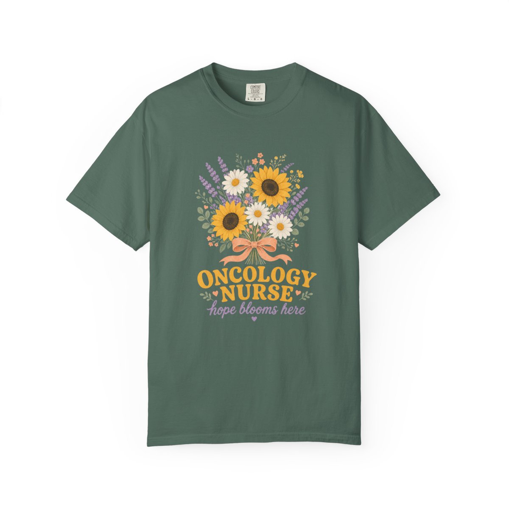 Blue Spruce Oncology Nurse Hope Blooms Here tee, accurate front mockup on white