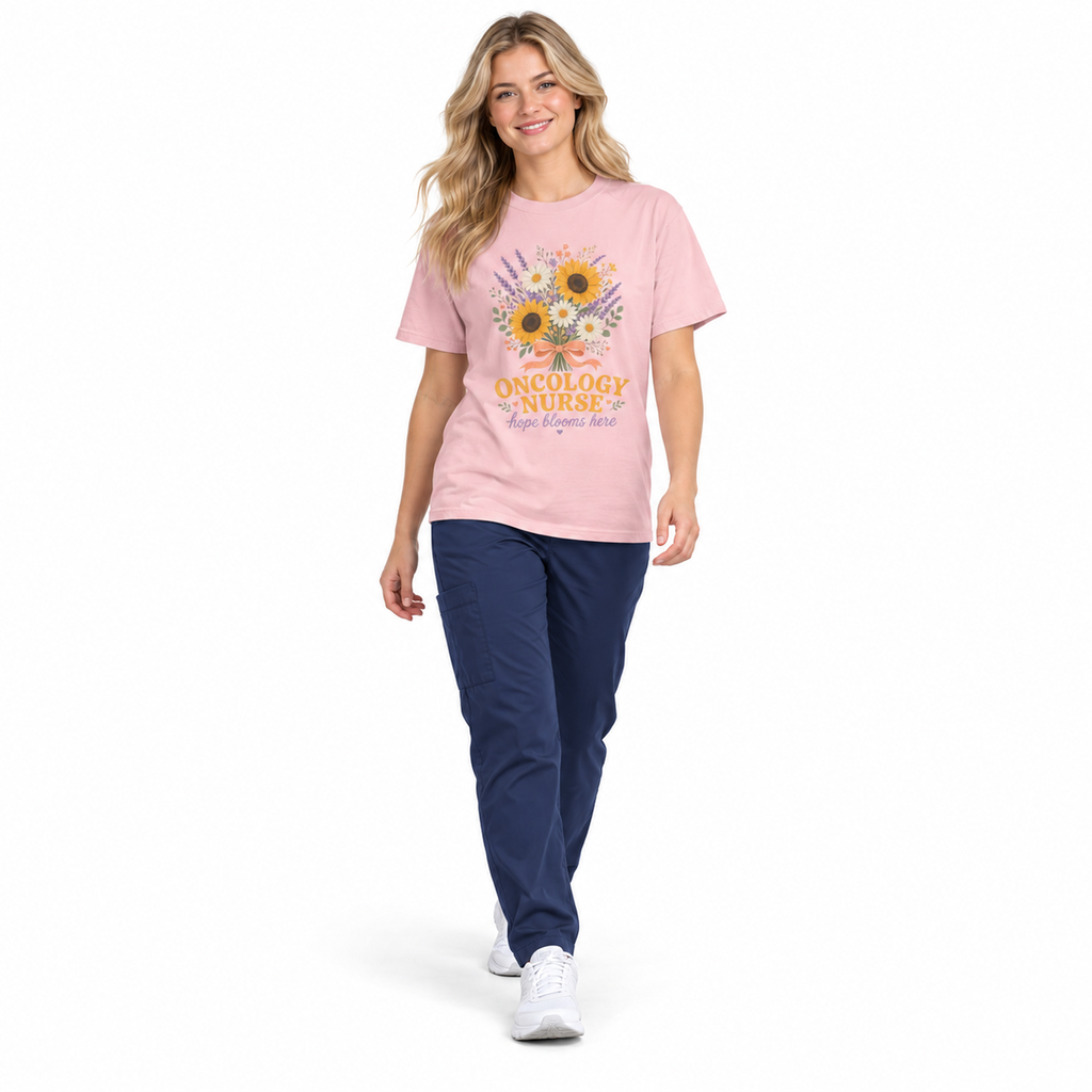 Nurse walking in a Blossom Oncology Nurse tee with scrub pants on white