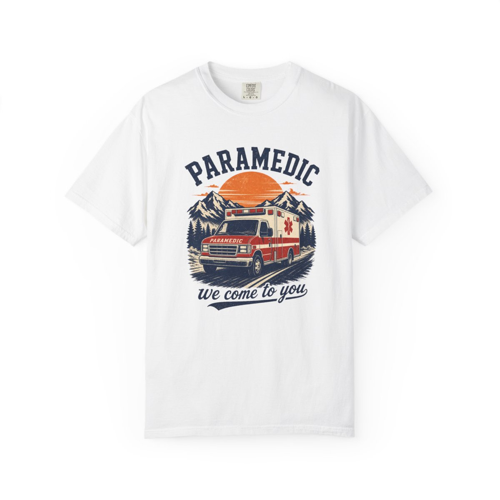 White Paramedic We Come to You tee, accurate front mockup on white