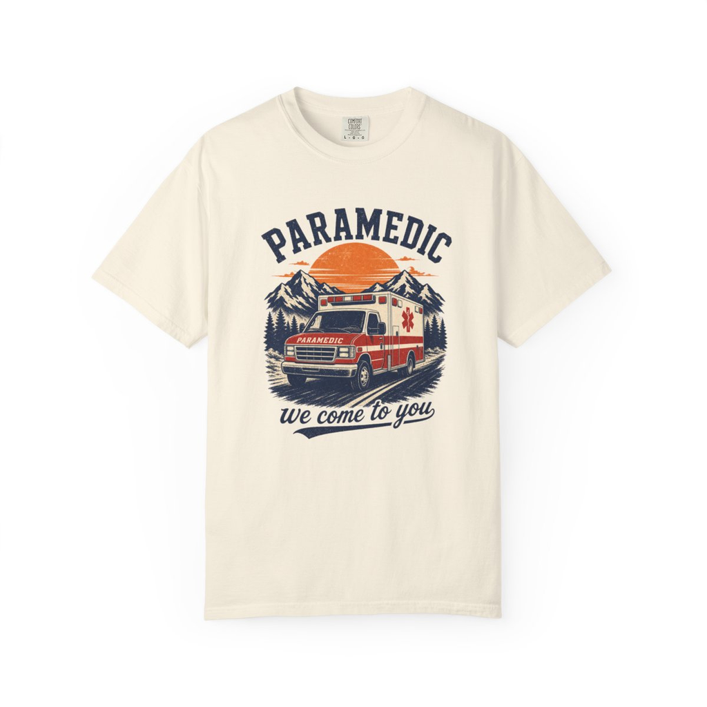 Ivory Paramedic We Come to You tee, accurate front mockup on white