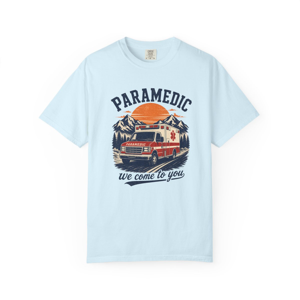 Chambray Paramedic We Come to You tee, accurate front mockup on white