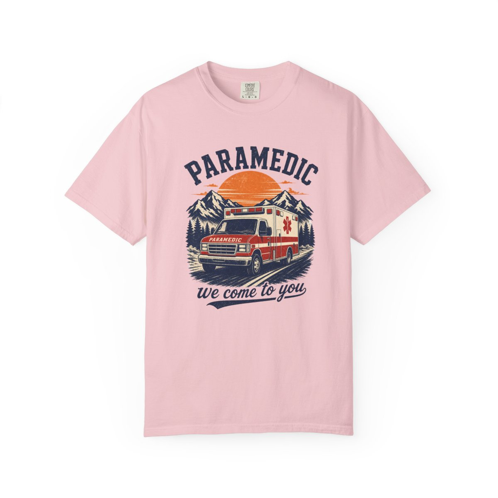 Blossom Paramedic We Come to You tee, accurate front mockup on white