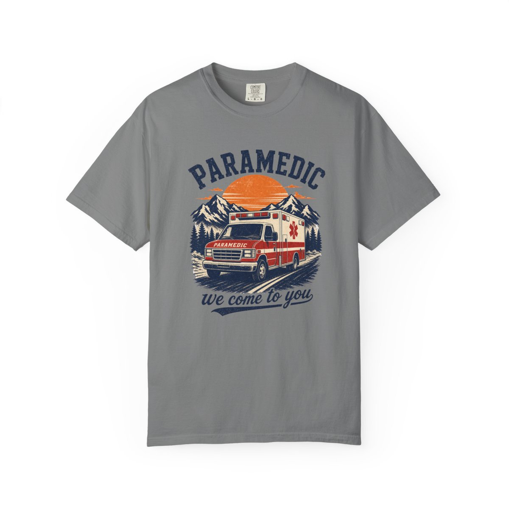 Grey Paramedic We Come to You tee, accurate front mockup on white