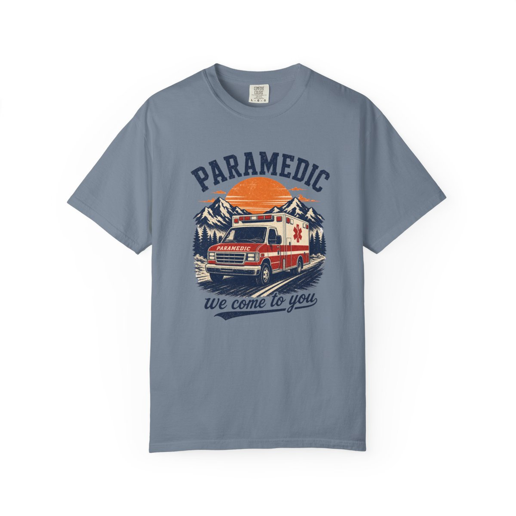 Blue Jean Paramedic We Come to You tee, accurate front mockup on white