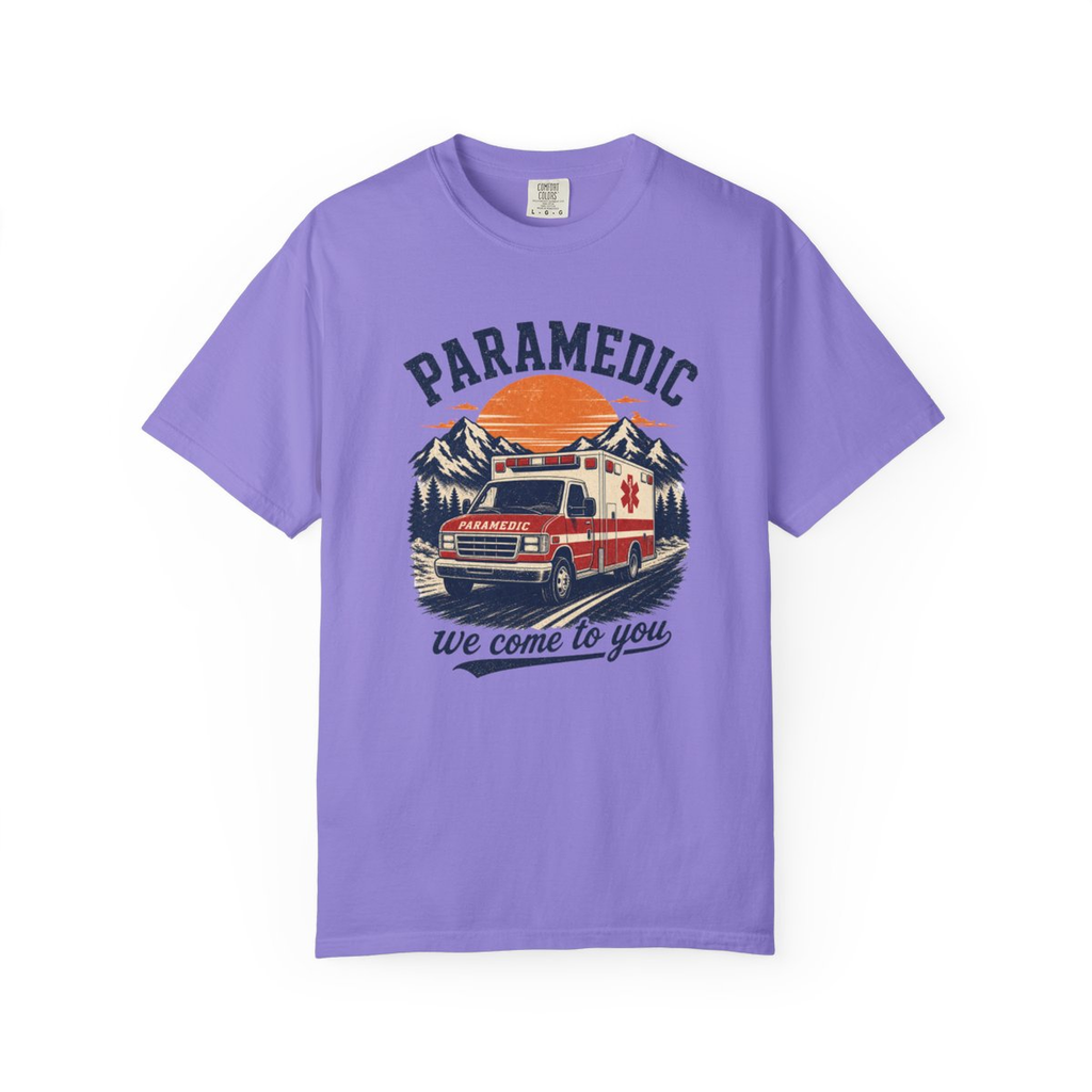 Violet Paramedic We Come to You tee, accurate front mockup on white