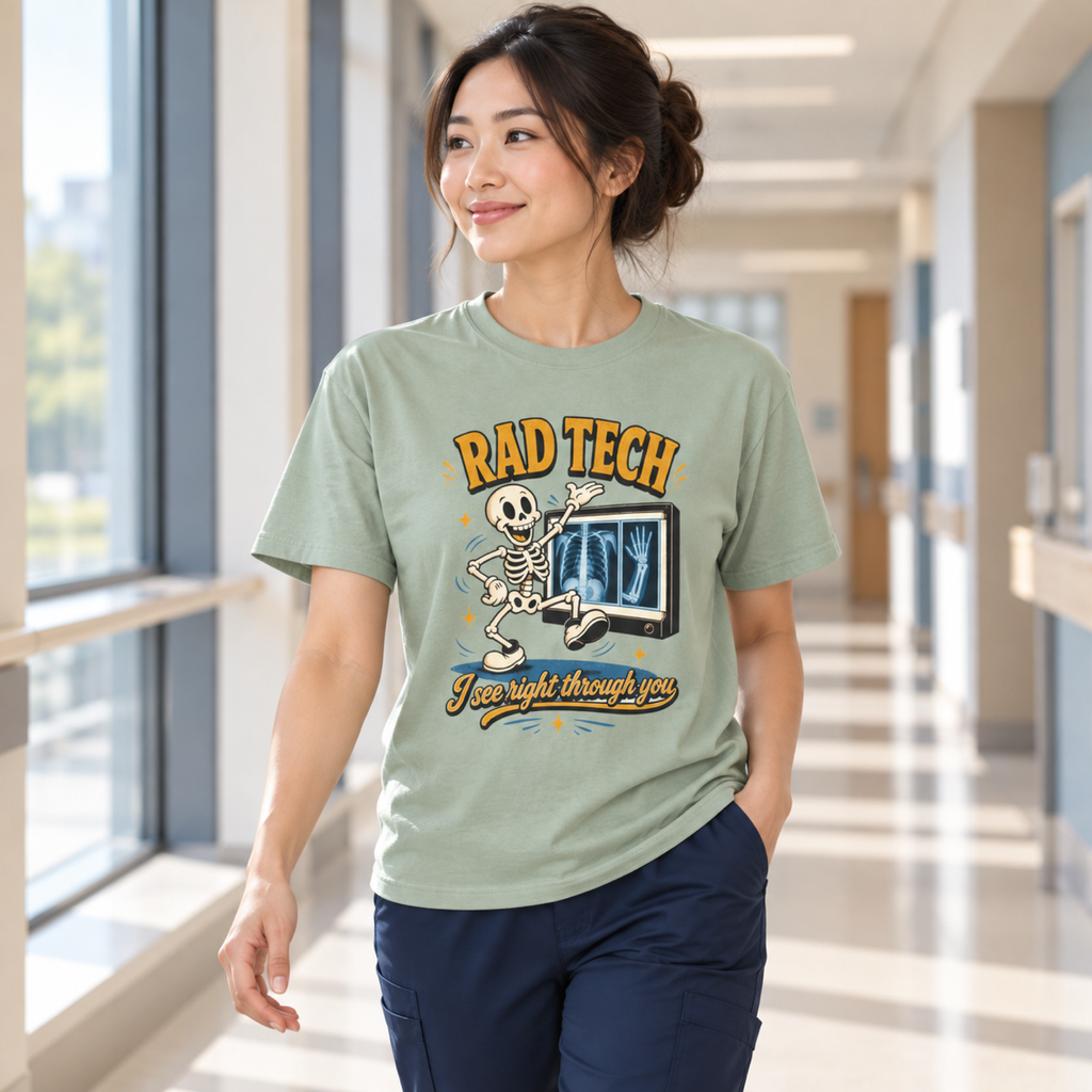 Healthcare model wearing the Bay green Rad Tech tee with navy scrub trousers