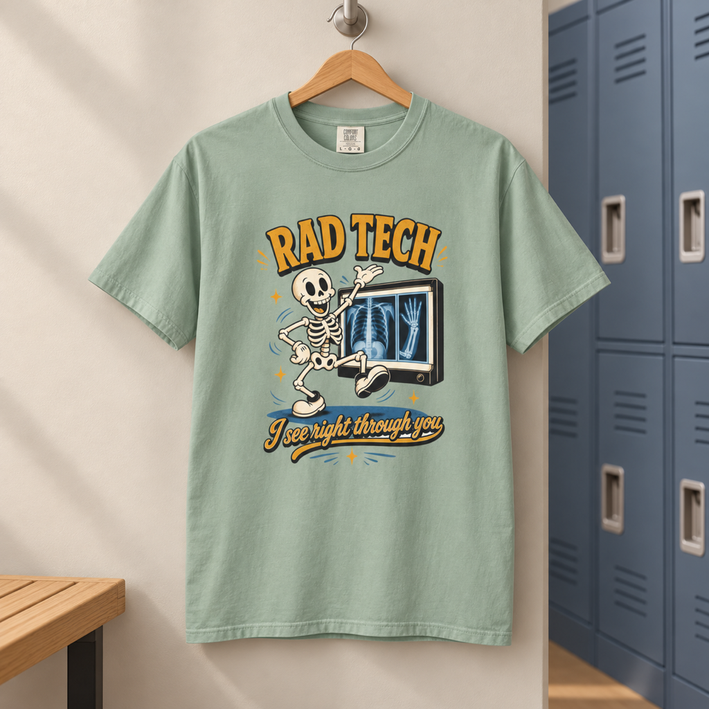 Bay green Rad Tech I See Right Through You Comfort Colors tee on a hanger in a tidy medical changing alcove