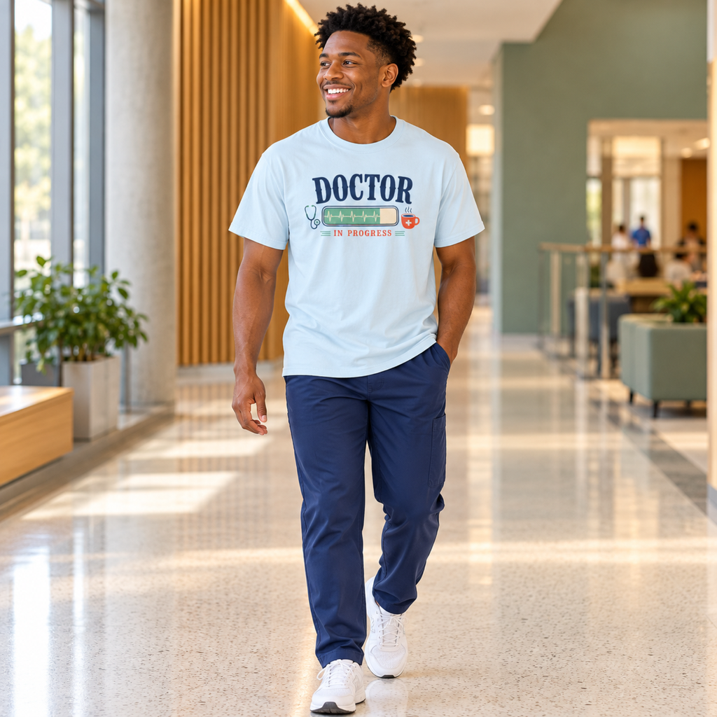 Medical student model wearing the Chambray Doctor in Progress shirt with navy scrub trousers in a hospital corridor
