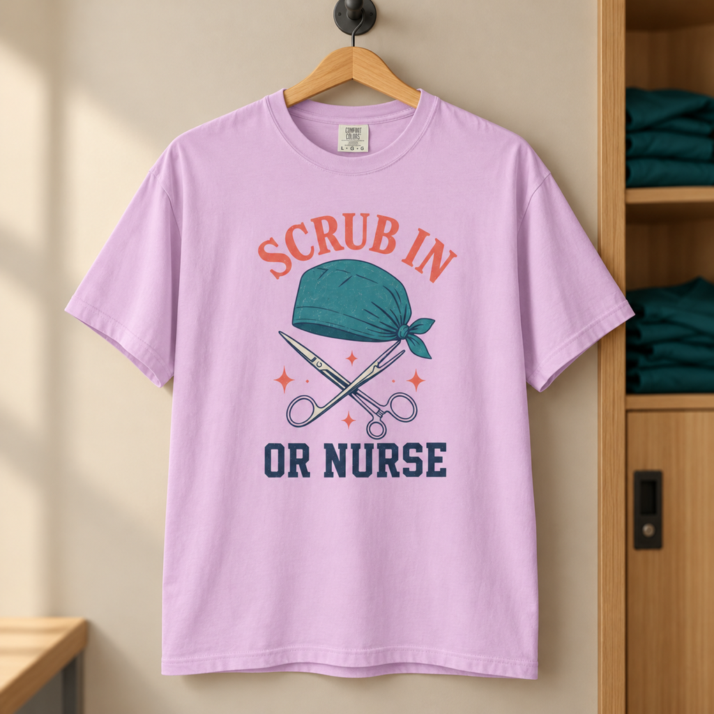 Orchid Scrub In OR Nurse tee on an oak hanger in a tidy medical staff changing alcove