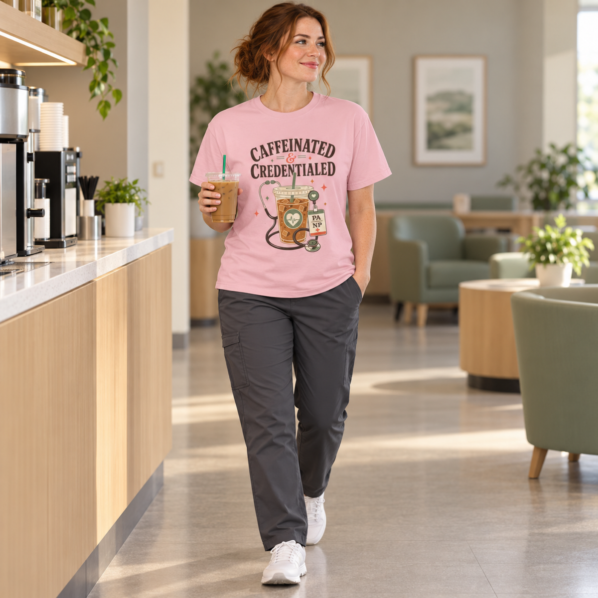 Healthcare model wearing the Blossom pink Caffeinated and Credentialed shirt with charcoal scrub trousers