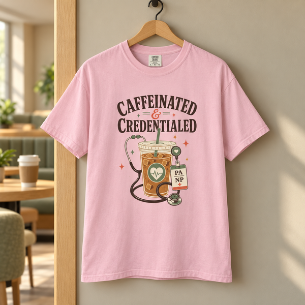 Caffeinated and Credentialed Shirt, Comfort Colors Medical Tee