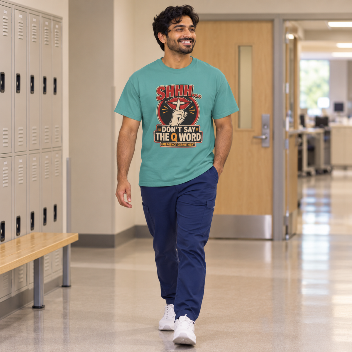 Healthcare model wearing a Seafoam Don’t Say the Q Word shirt with navy scrub trousers
