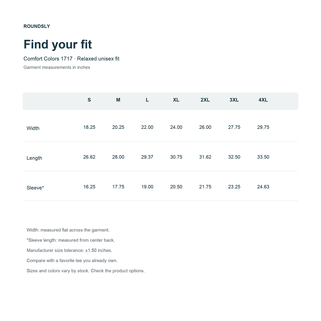 Comfort Colors 1717 size chart, sizes S through 4XL, garment measurements in inches