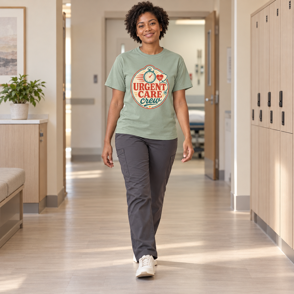 Healthcare professional wearing a Bay green Urgent Care Crew tee with charcoal scrub trousers