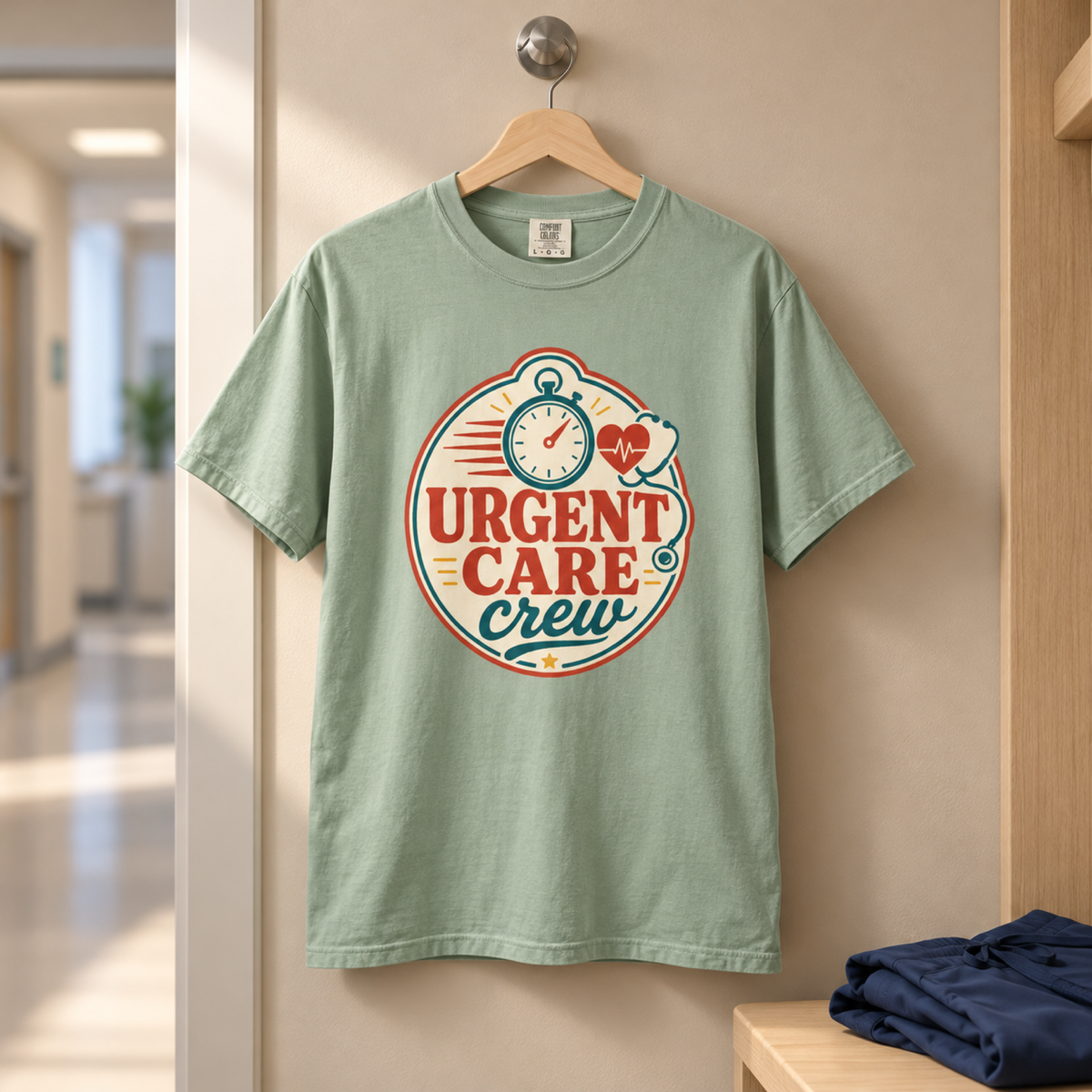Bay green Urgent Care Crew shirt on a hanger in a tidy medical staff changing alcove