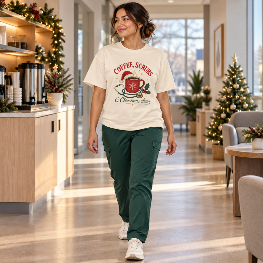 Healthcare professional wearing an Ivory Coffee Scrubs and Christmas Cheer tee with green scrub trousers in a holiday staff lounge