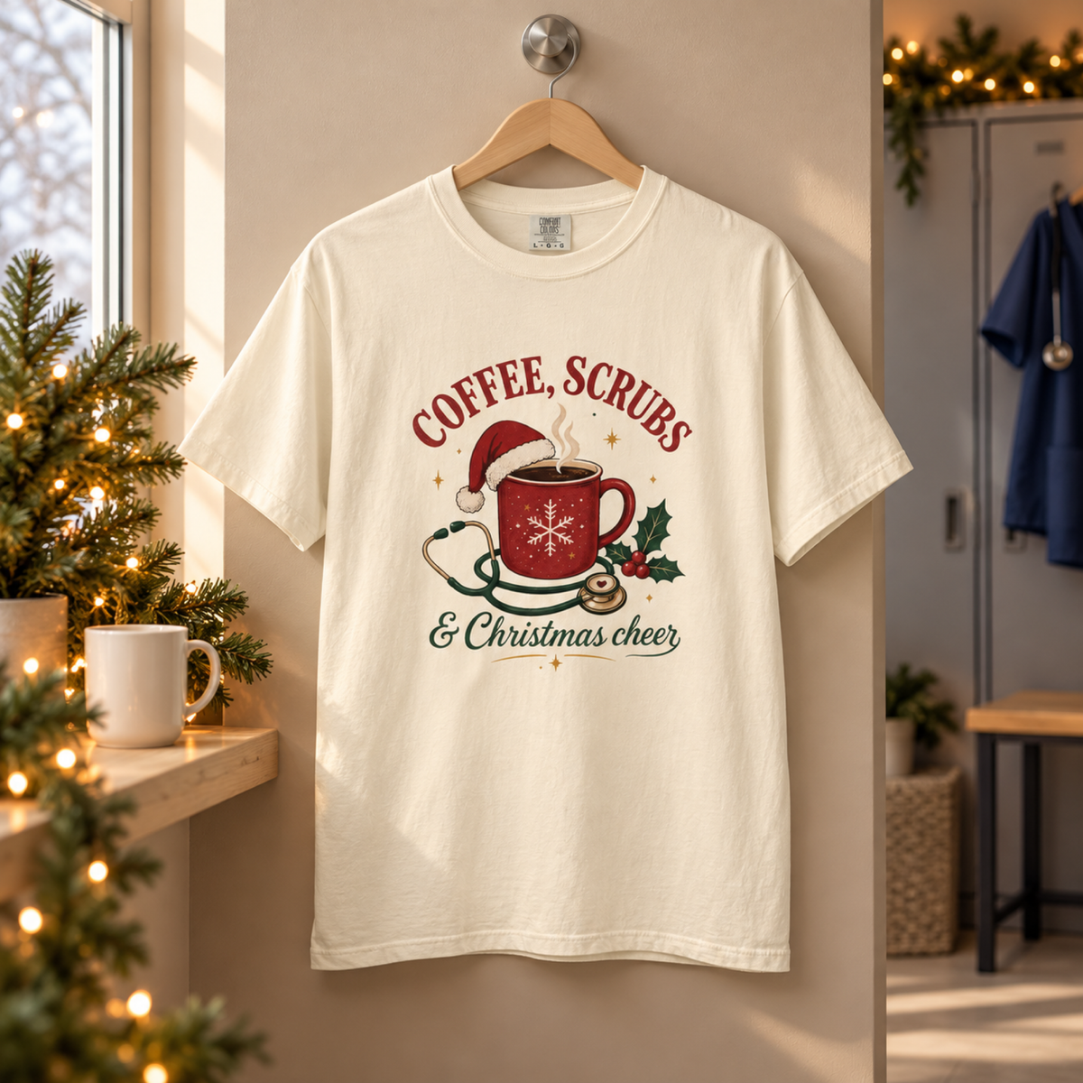 Ivory Coffee Scrubs and Christmas Cheer shirt on a hanger in a cozy holiday staff coffee nook