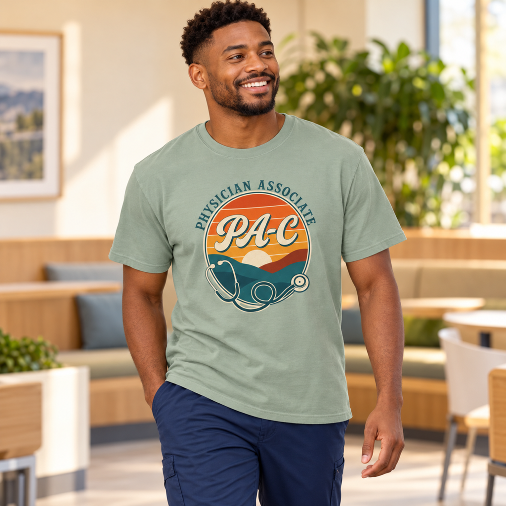 Healthcare professional wearing a Bay green Physician Associate PA-C sunset tee with navy scrub trousers in a warm medical staff lounge