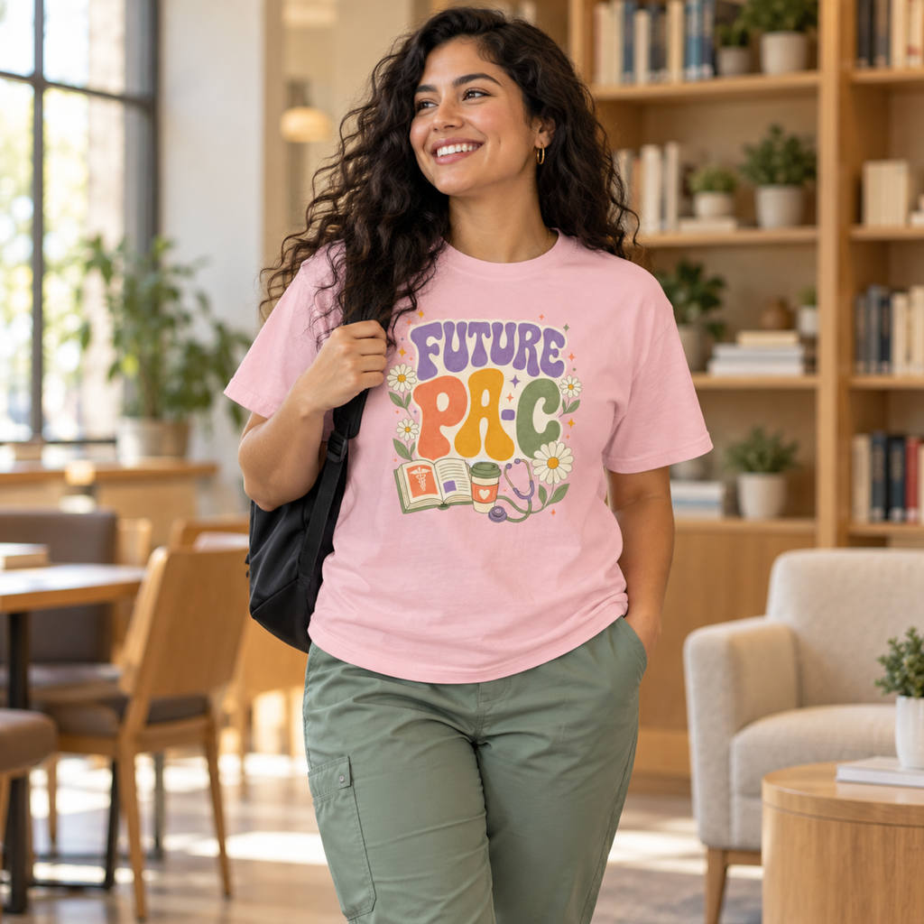 PA student wearing a Blossom pink Future PA-C tee and sage scrub trousers in a warm study lounge