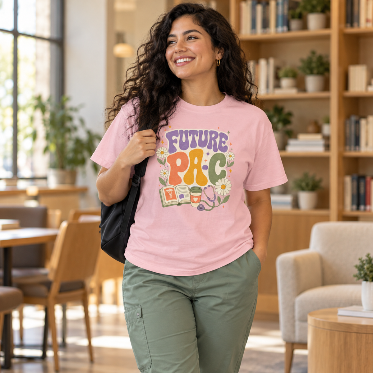 PA student wearing a Blossom pink Future PA-C tee and sage scrub trousers in a warm study lounge