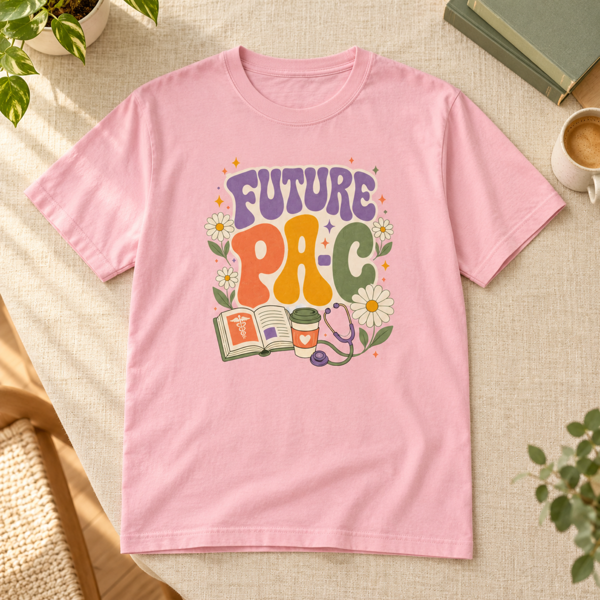 Blossom pink Future PA-C tee flat lay on a warm medical student study desk