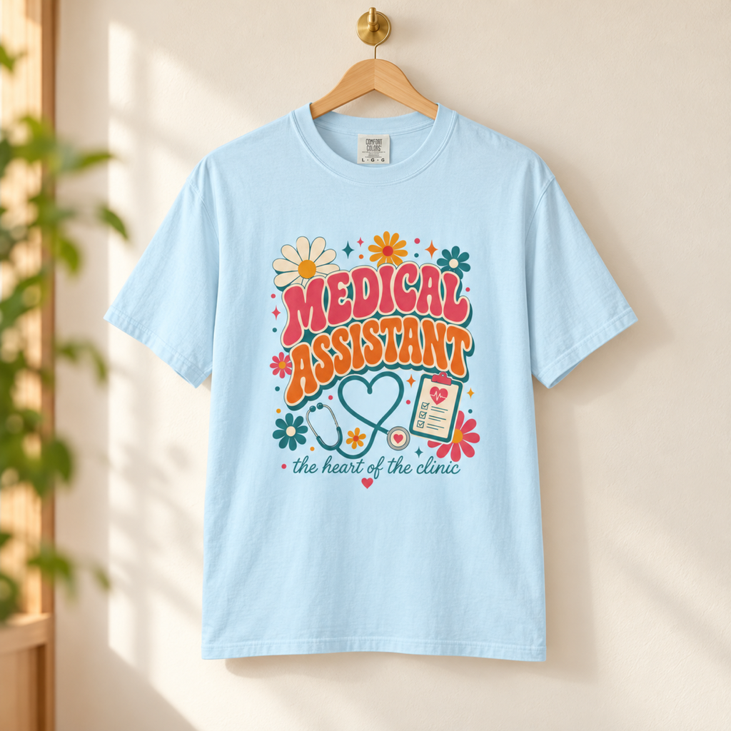 Chambray blue Medical Assistant Heart of the Clinic tee on a wooden hanger in a tidy clinic staff lounge