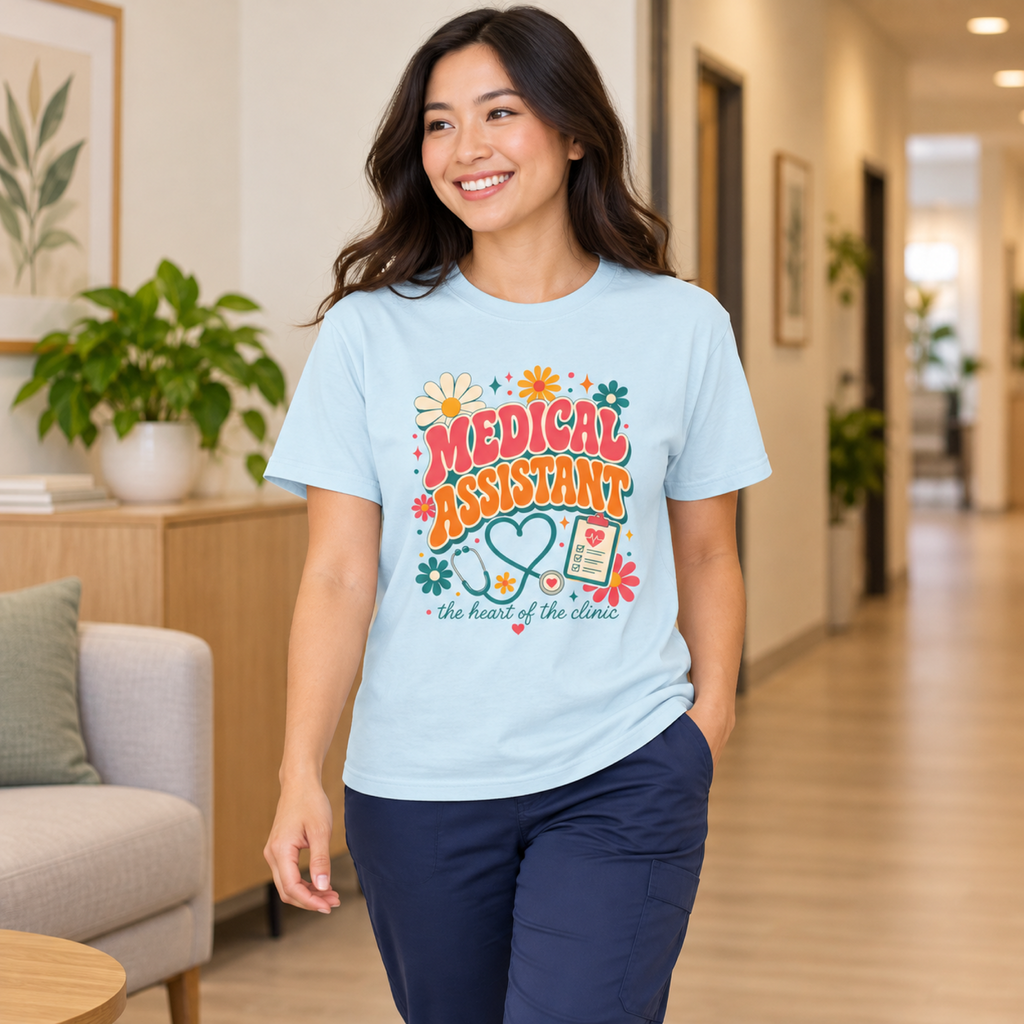 Medical assistant wearing a Chambray blue Heart of the Clinic tee with navy scrub trousers in a warm clinic lounge