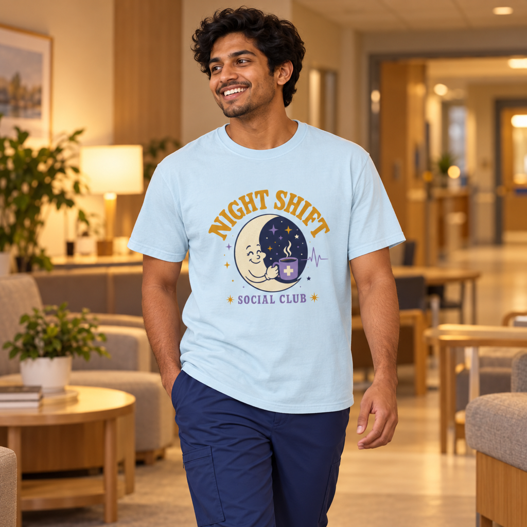 Night-shift nurse wearing a Chambray blue Night Shift Social Club tee and navy scrub trousers in a warm evening staff lounge
