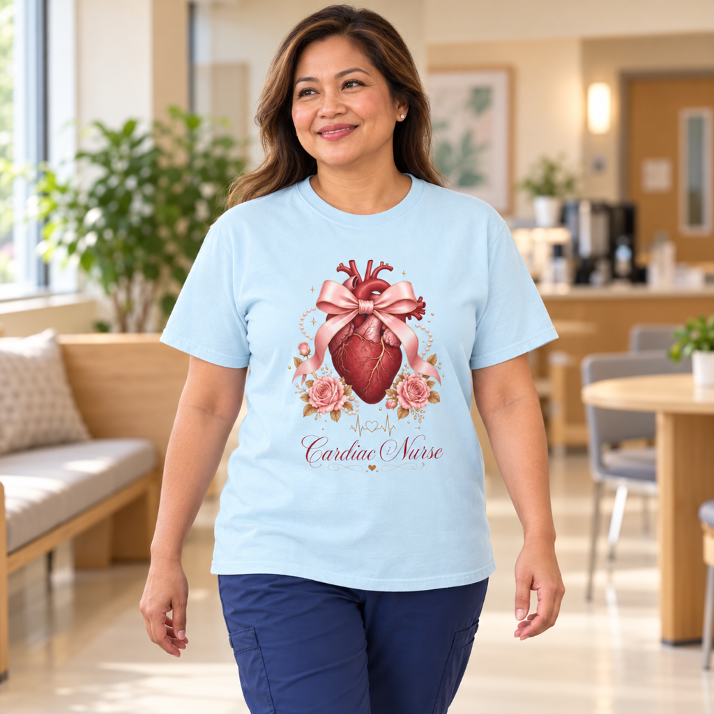 Nurse wearing a Chambray blue Cardiac Nurse heart and bow tee with navy scrub trousers in a warm medical staff lounge