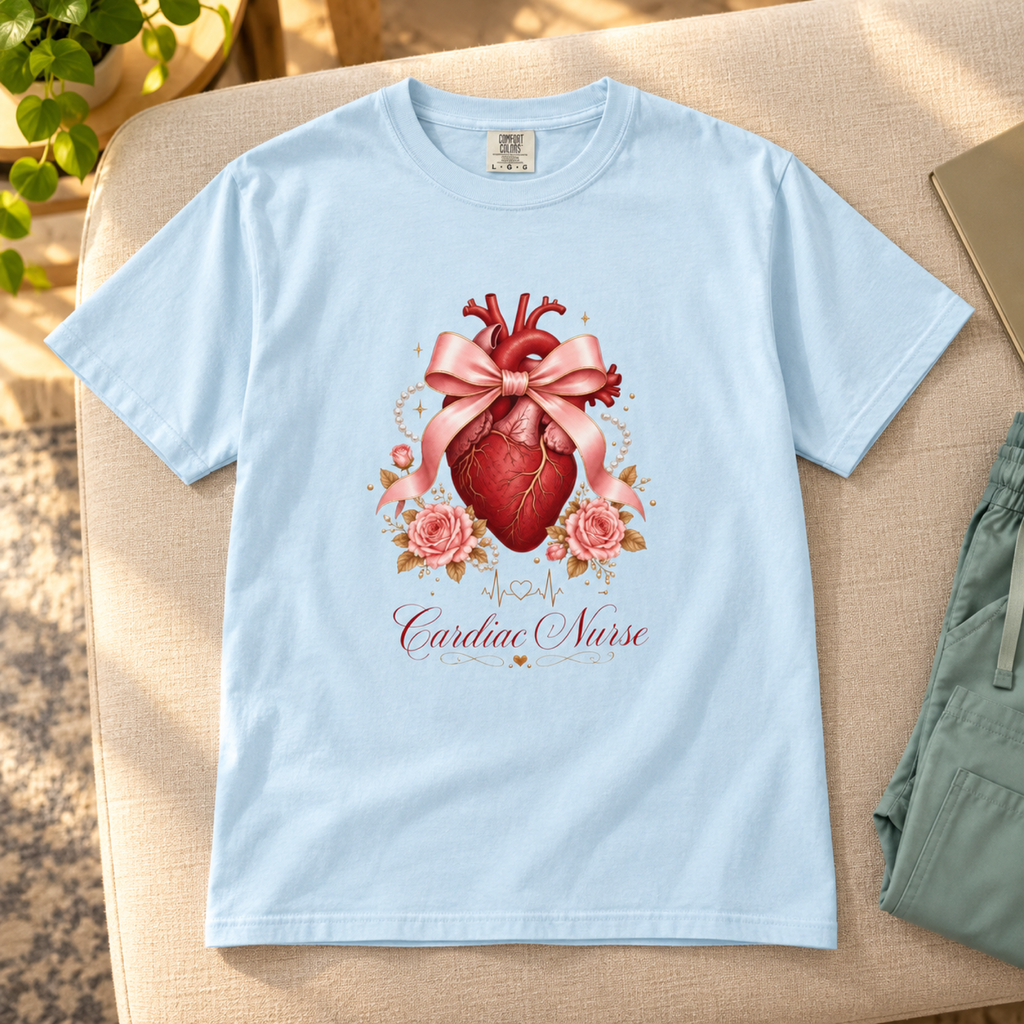 Chambray blue Cardiac Nurse heart and bow tee flat lay on a warm linen staff-lounge bench