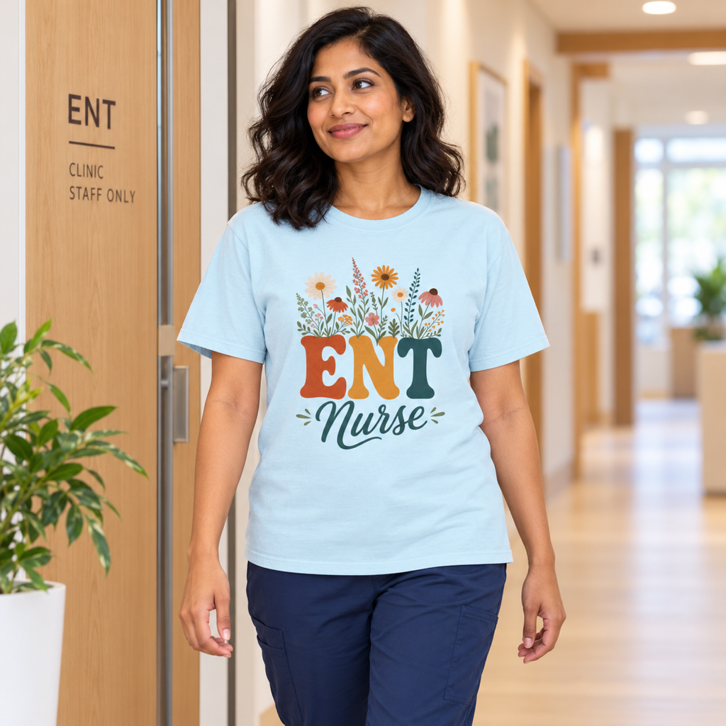 ENT nurse wearing a Chambray blue wildflower ENT Nurse tee and navy scrub trousers in a tidy clinic staff entrance