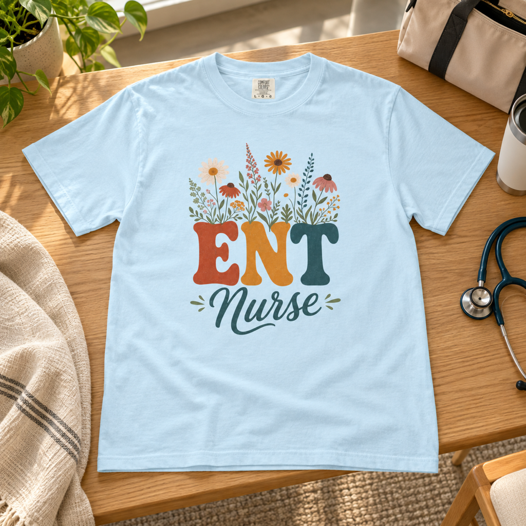 Chambray blue wildflower ENT Nurse tee laid flat on a warm oak clinic staff-lounge bench